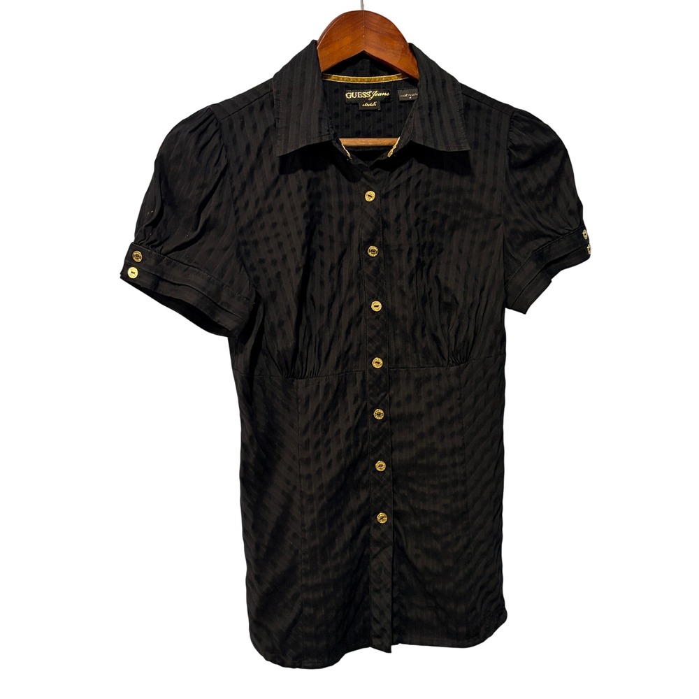 Guess Jeans Womens Black Jacquard Stripe Puff Sleeve Button Down Top Y8329200 M
